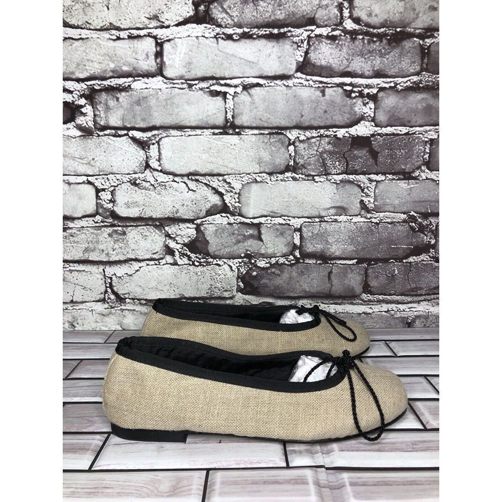 Kokua Tan Canvas Fabric Black Bow Casual Ballet Flats Shoes Women Sz 37EU/6.5US
